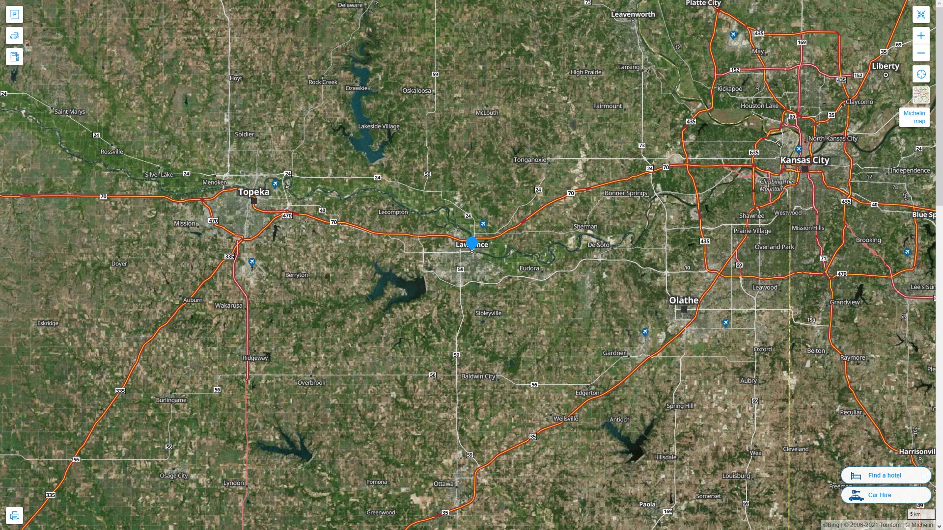 Lawrence Kansas Highway and Road Map with Satellite View